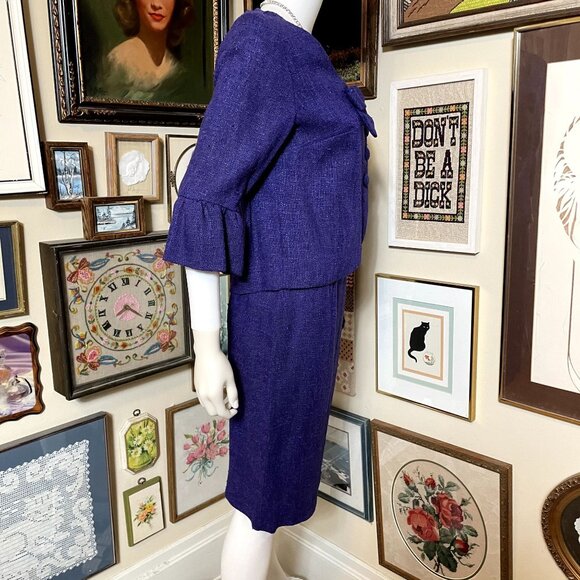 50s Vintage Patty Woodard Purple Woven Skirt and Jacket set with Ruffle Sleeve a - Picture 2 of 9